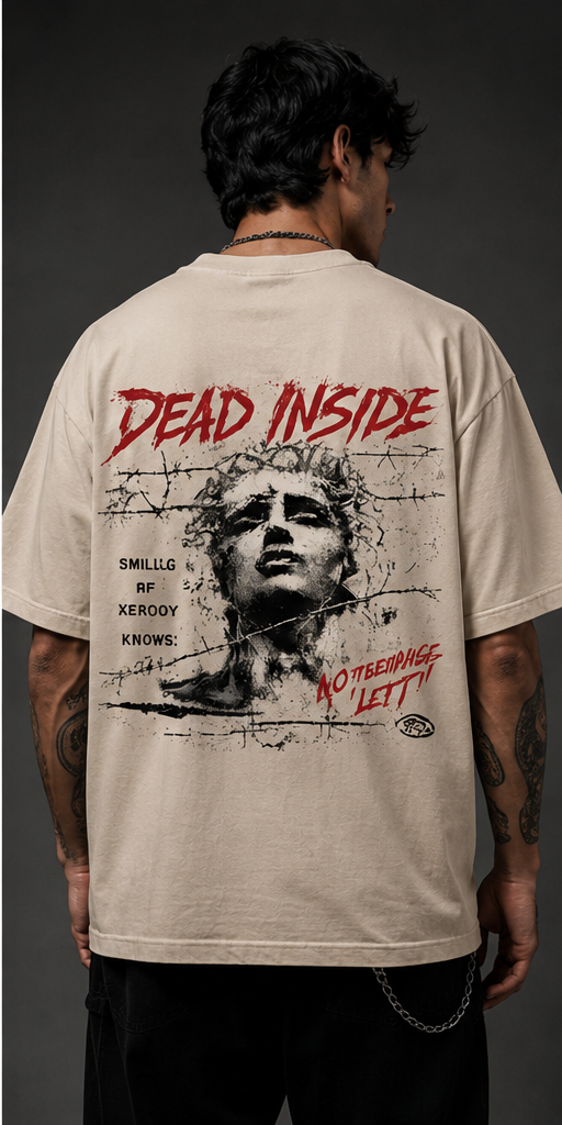 Dead Inside Oversized Beige Graphic T-Shirt – Vintage Gothic Streetwear Tee