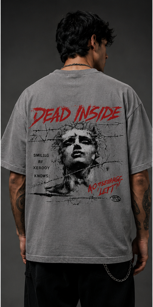 Dead Inside Oversized Beige Graphic T-Shirt – Vintage Gothic Streetwear Tee